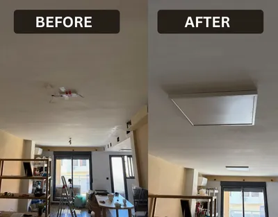 Living room ceiling light replaced with a flush LED panel — before and after