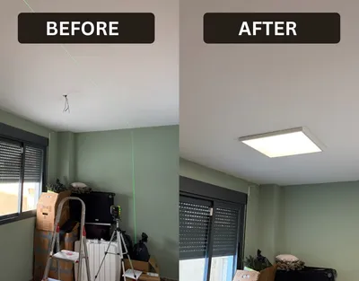 Bedroom ceiling LED panel installation — before and after