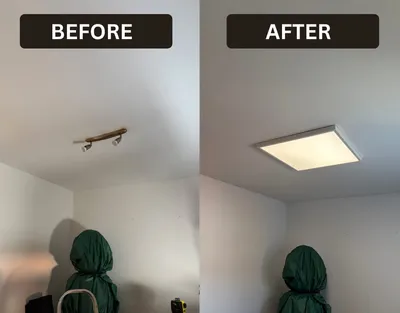 Ceiling spotlight bar replaced with a square LED panel — before and after