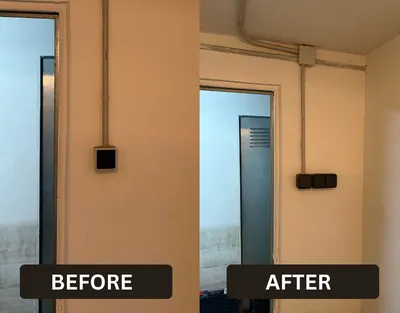 Wall sockets and switches replaced beside an interior door — before and after