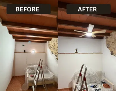 Ceiling fan with light fitted in a room with exposed wooden beams — before and after