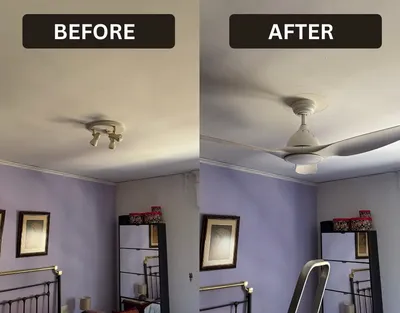 Bedroom spotlight replaced with a ceiling fan and light — before and after