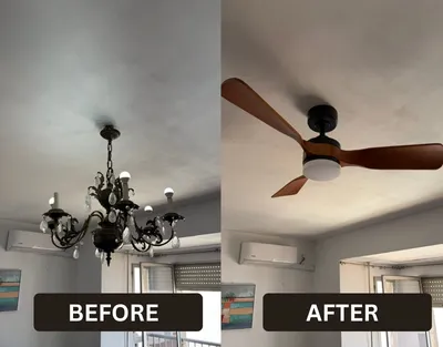 Old chandelier replaced with a modern wood-blade ceiling fan — before and after