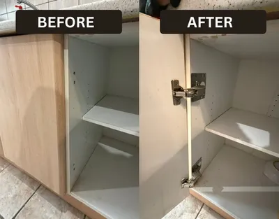 Kitchen wall cabinet hinge repair — before and after