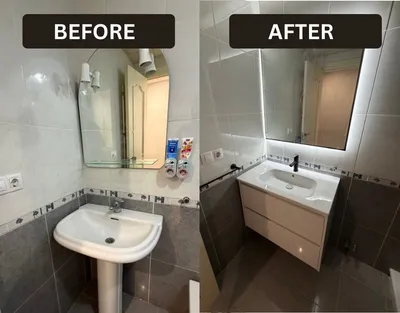 Bathroom sink replaced with a vanity unit and backlit mirror — before and after